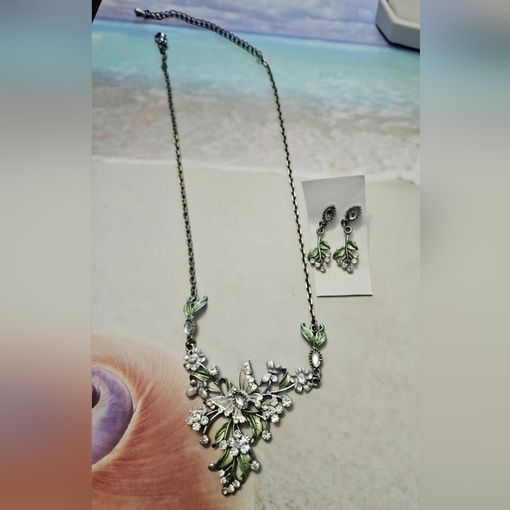 #155 Hawaiian Floral Butterfly Silver and Pastel Green-Necklace and Earrings Set